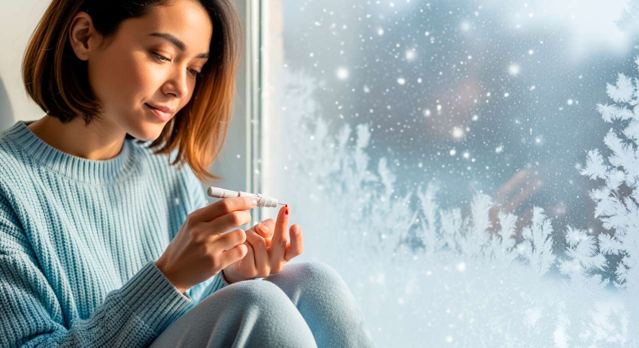 woman in sweater doing vitamin D finger-prick test